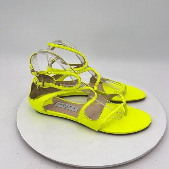 Jimmy Choo Women Size EU 39 US 9 Shocking Yellow Patent Leather Gladiator Shoes - Picture 4 of 13